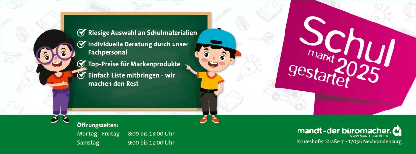 Werbebanner für den Schulmarkt 2025 von „mandt – der büromacher“ mit zwei gezeichneten Kindern, einer Tafel mit Vorteilen.