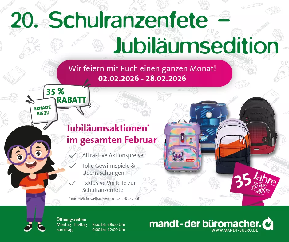Mitteilung zur 20. Schulranzenfete von Mandt Büroorganisation